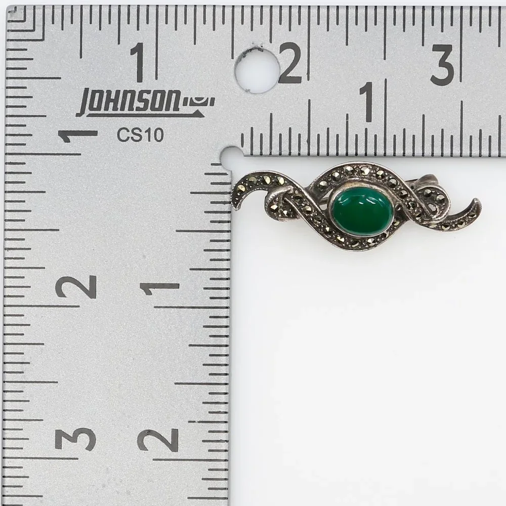 Vintage 925 Sterling Silver Marcasite Green‎ Stone Cabochon Swirl Brooch 1970s